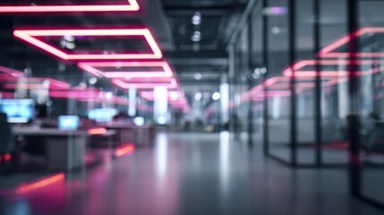 modern neon cyberpunk open space office interior blurred with information technology overlay corporate strategy for finance operations marketing tables with computers for work technology 