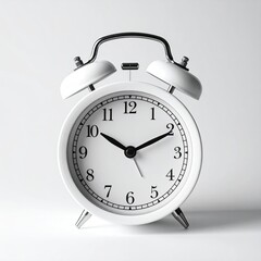 Classic white analog alarm clock on a light grey background, close up