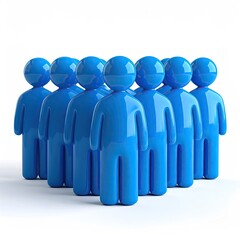 Group of glossy blue abstract figures stand closely together on white