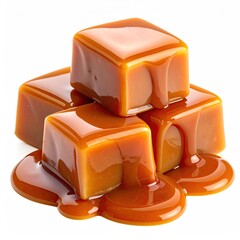 Close-up of a stack of glossy caramel candies with flowing caramel