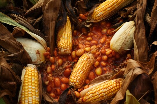 Corn cobs and beans are cooking in a bed of hot coals and corn husks in a traditional underground earth oven