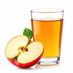 Glass of juice next to a sliced apple, showing seeds and a green leaf