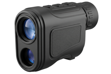 Digital laser rangefinder device with rubber grip and blue lens on a transparent background
