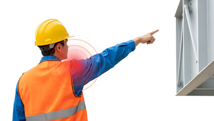 Worker in hard hat and safety vest pointing, indicating shoulder pain or injury at work, occupational health concept