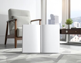 Modern room with open book, armchair, and cityscape view