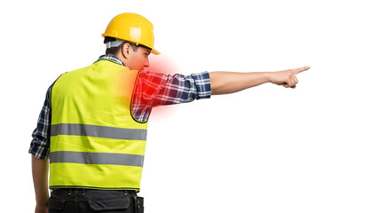 Construction worker pointing with painful shoulder. Workplace injury, physical strain, or discomfort concept.