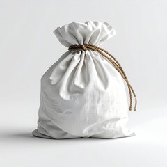 White, tied sack against a plain background, rope closure detail