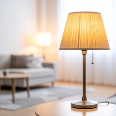 A lit lamp with a pleated shade sits on a table, soft-lit living space