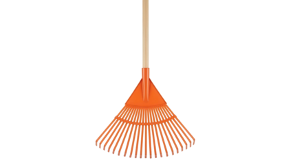 Orange leaf rake with wooden handle, cut out, stock png, isolated on transparent background