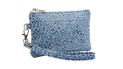 Small blue mosaic pattern pouch bag with zipper and wrist strap, cut out, stock png, isolated on transparent background