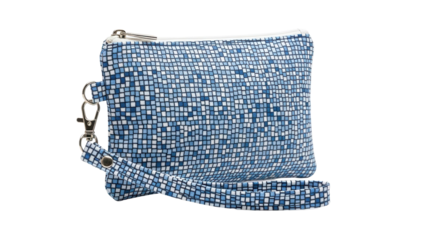 Small blue mosaic pattern pouch bag with zipper and wrist strap, cut out, stock png, isolated on transparent background