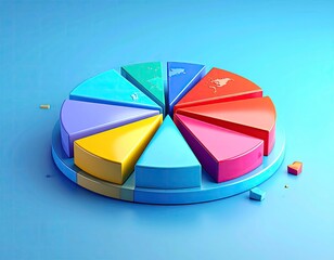 Colorful 3D pie chart with tiered levels on a solid blue backdrop