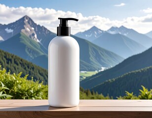 White dispenser bottle on a wood surface with mountain backdrop