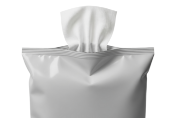 Grey plastic pouch of wet wipes with white tissue sticking out on a transparent background