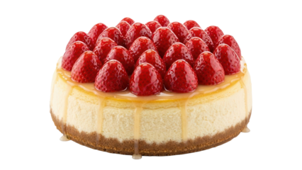 Delicious strawberry cheesecake with caramel sauce dripping, cut out, stock png, isolated on transparent background