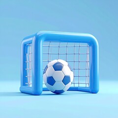 A glossy blue cartoon soccer goal with a ball centered
