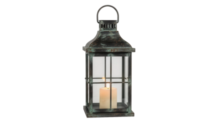 Decorative metal lantern with lit candle, cut out, stock png, isolated on transparent background