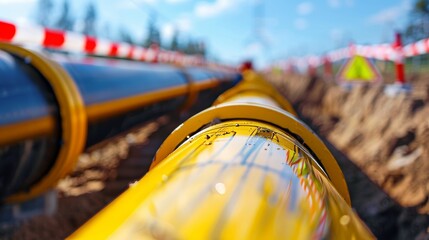 Construction of high pressure gas line with safety signage and site boundary markings in progress