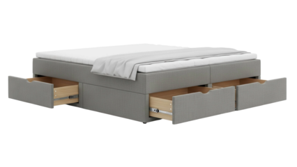 Modern grey storage bed with white mattress and pull out drawers, cut out, stock png, isolated on transparent background