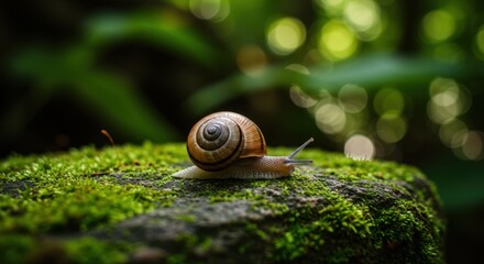 Snail on Mossy Rock in Forest.