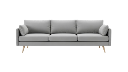 Grey modern three seater sofa with wooden legs, cut out, stock png, isolated on transparent background