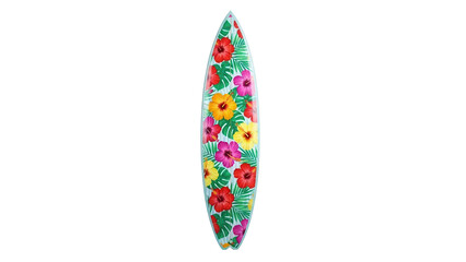 Surfboard with colorful hibiscus flowers and palm leaves, cut out, stock png, isolated on transparent background