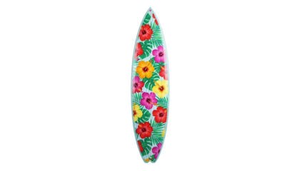 Surfboard with colorful hibiscus flowers and palm leaves, cut out, stock png, isolated on transparent background