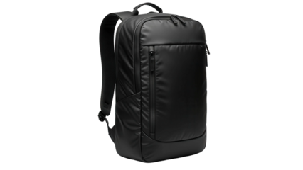 Modern black backpack for travel or business, with zippers and strap, cut out, stock png, isolated on transparent background