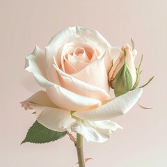 Close-up of a peach-toned rose with a bud against a soft pink backdrop