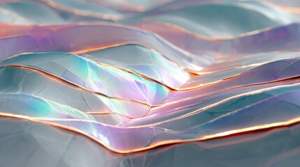 abstract futuristic landscape composed of layered holographic structures with shifting colors and glowing edges 