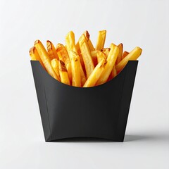 Golden fried potato sticks in a black carton against a white background