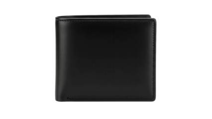 Elegant black leather bifold wallet standing upright, closed, cut out, stock png, isolated on transparent background