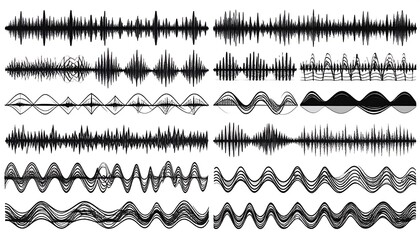 Collection of various audio waveform designs, varying in amplitude and frequency, presented in black and white
