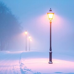 A snowy path illuminated by glowing street lamps in a misty twilight
