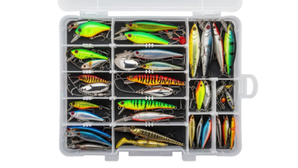 Open plastic box organized with many vibrant fishing lures and hooks for bait, cut out, stock png, isolated on transparent background