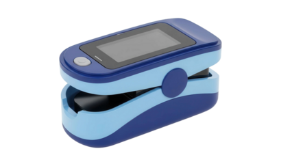 Blue pulse oximeter device for measuring blood oxygen saturation and pulse rate, cut out, stock png, isolated on transparent background