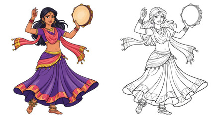 Fototapeta premium Vibrant Woman Dancing With Tambourine in Traditional Indian Costume Illustration