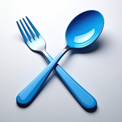 Shiny blue utensils a fork and spoon crossed on a light background