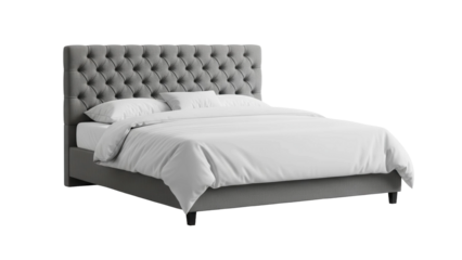 Gray upholstered tufted king size bed with white bedding and pillows, cut out, stock png, isolated on transparent background