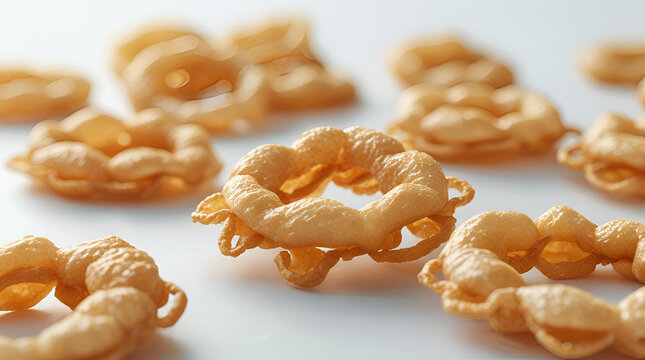 Crispy ring-shaped puffs snack isolated on white, highlighting light crunchy texture and round flip form