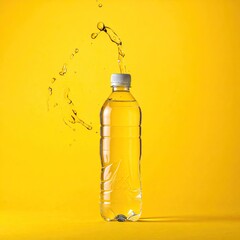 A bottle of clear liquid with a splash against a bright yellow background
