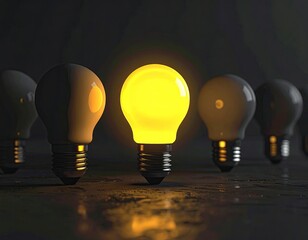 Glowing bulb amid dark, inactive ones, symbolizing idea