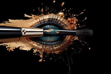 Makeup brush applying golden eyeshadow on a blue eye surrounded by splashes of gold makeup, creating a glamorous and artistic look