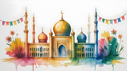 Vibrant watercolor mosque with domes and minarets