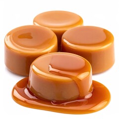 Glossy, golden caramel candies, some with liquid caramel, on a white background