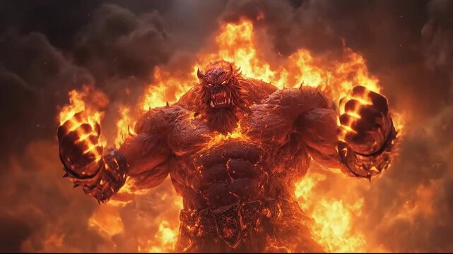 A powerful fire monster surrounded by flames and smoke.