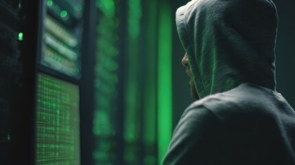 faceless programmer in data center updating server systems on green screen computer chroma key display software vulnerability protection defocused background server error detec 