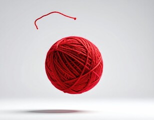Floating red yarn ball with loose thread, soft focus, grey background