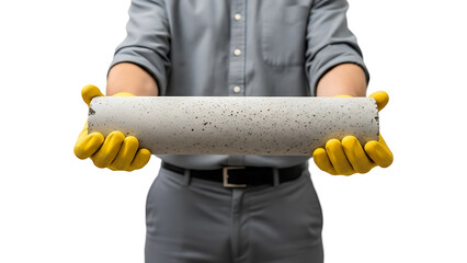 Worker in yellow gloves holding a cylindrical concrete core sample for construction quality testing on white