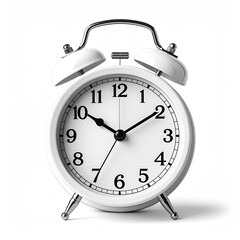 White classic alarm clock on white background, showing time